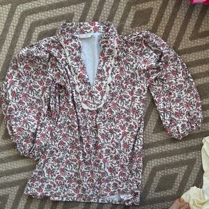 Women’s Floral Puff-Sleeve V-Neck Top - Cream with Pink Floral